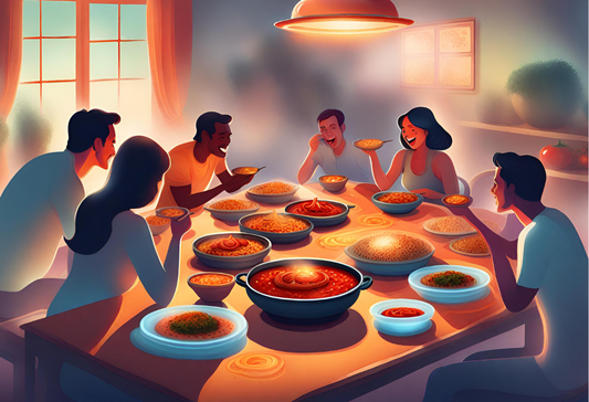 spicy food and people eating on a dining table in a graphic image format