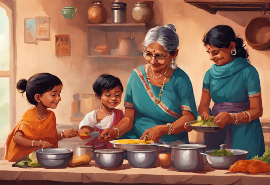 graphic image of indian grandmother sharing recipes with daughter and kids in a kitchen while cooking